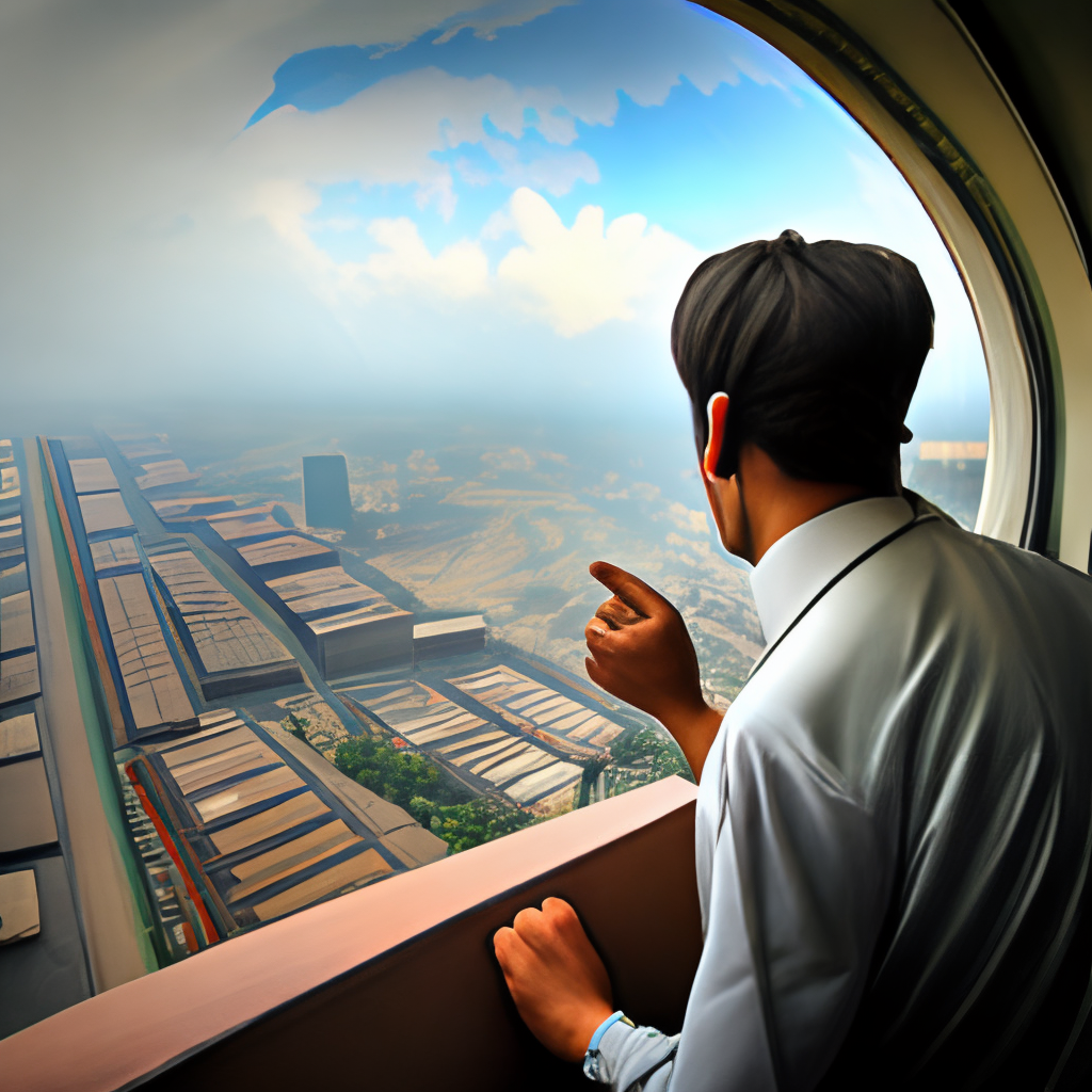  a man looking from side window of an airplane flying over mixico city
