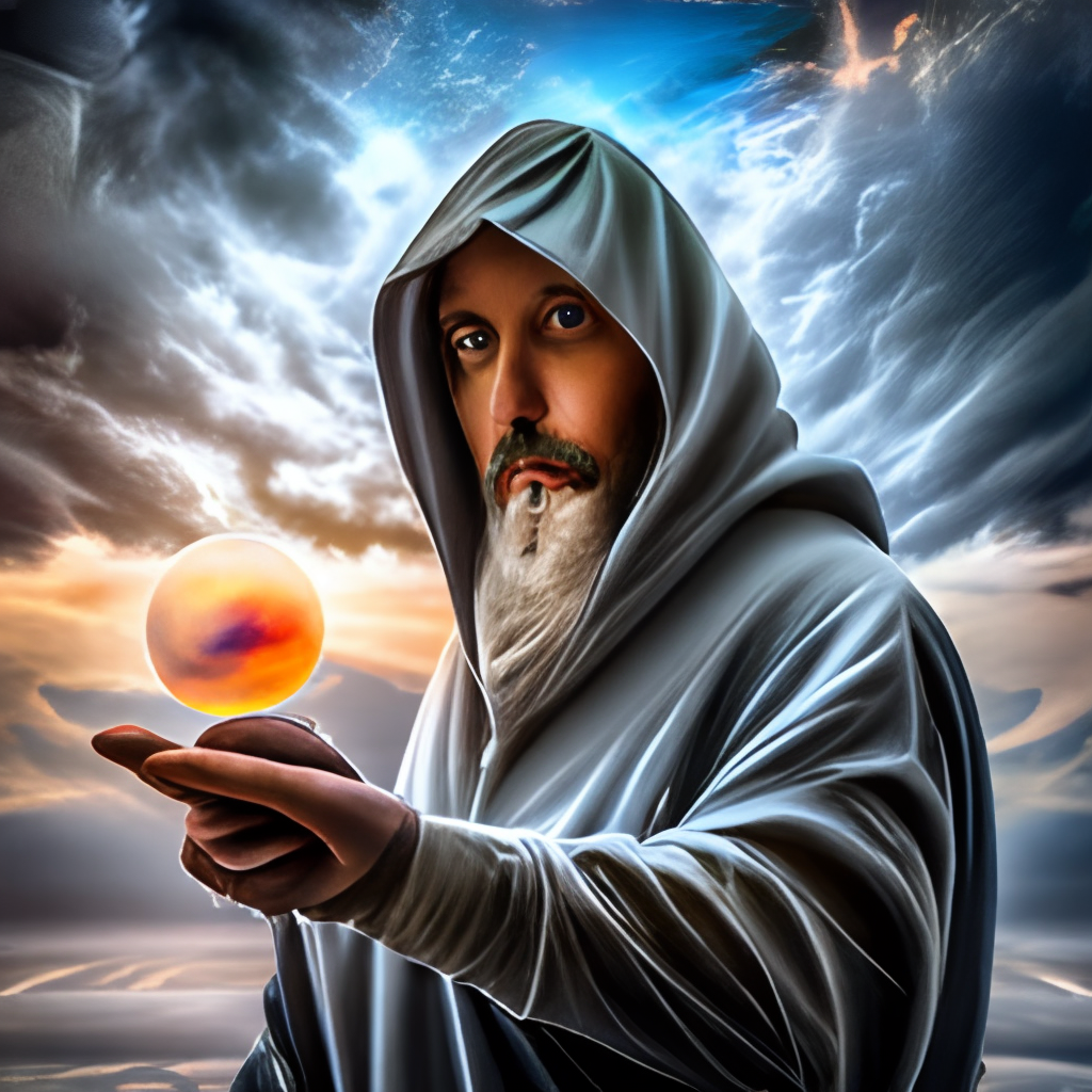 hooded bearded man holding a planet in his hand, cosmic star dust, galactic, uhd, hdr, 8k, maximalist