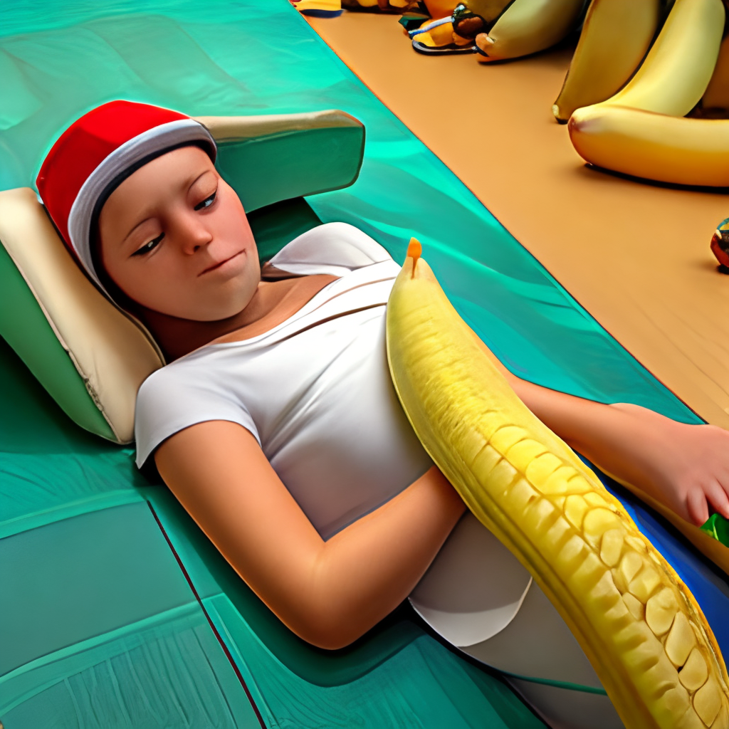 Una niña sentada en el suelo comiéndose una banana,full HD,pixelado y estilo Disney 