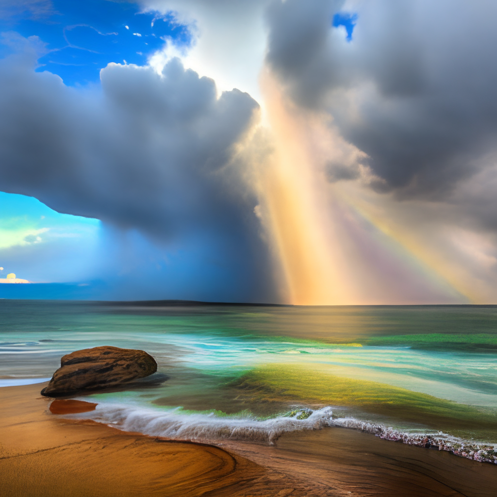 rainbow in a dark shy under a stormy ocean and dreamy land