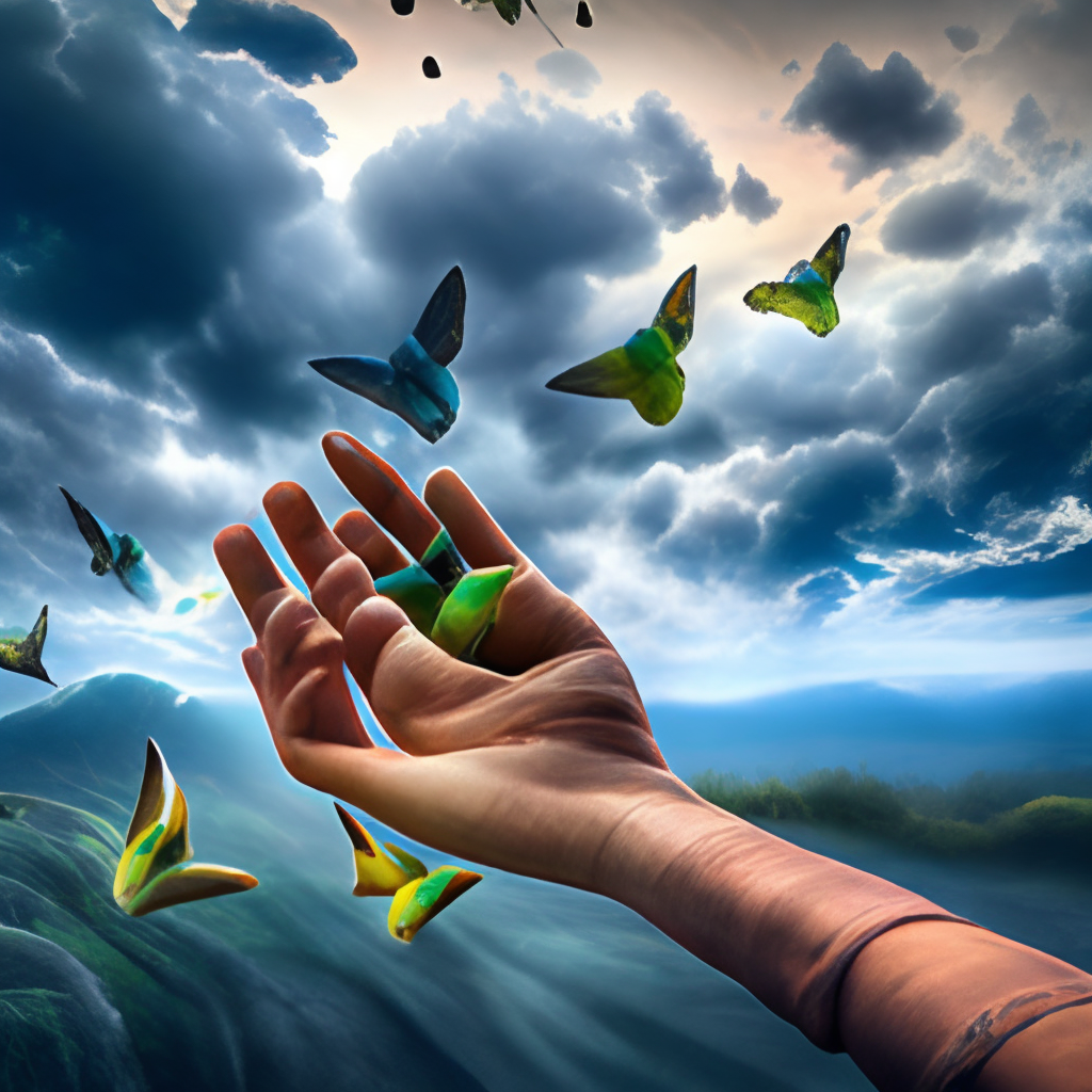 a hand with full of blue and green butterflies out of it with a stormy sky