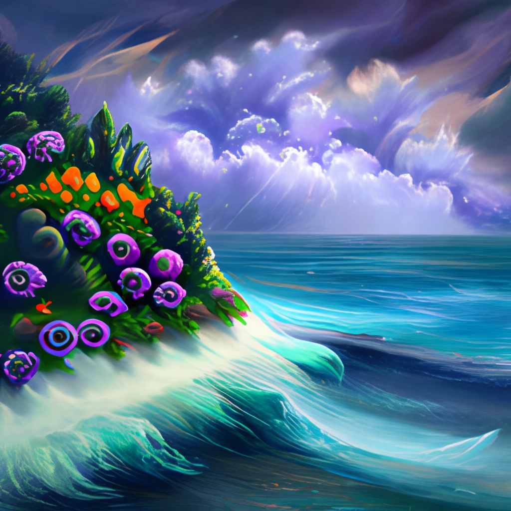 ocean with flowers and stormy ocean and dark sky