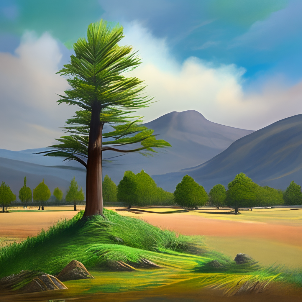 a beautiful oil painting of a tall slender tree standing in a lush meadow with mountains in the background