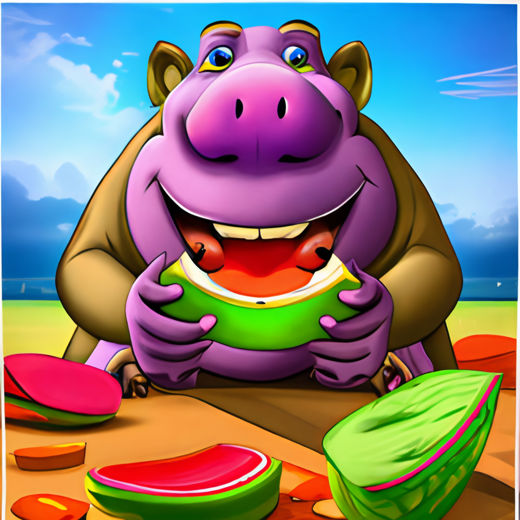 a cartoon painting of a hungry hippo eating a watermelon slice, vibrant colors