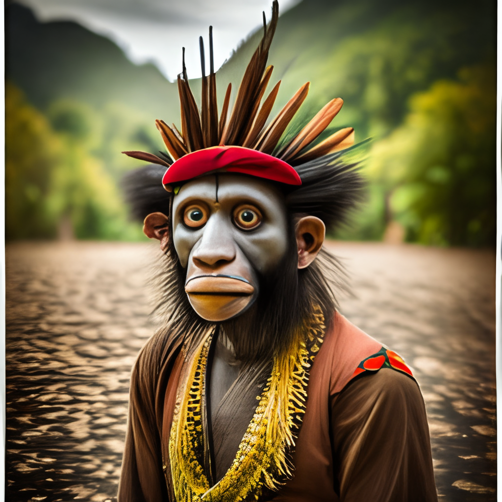 Portrait of An anthropomorphic monkey dressed as a shaman, tribal tattoo on the face, feather crown, forest background, DOF 