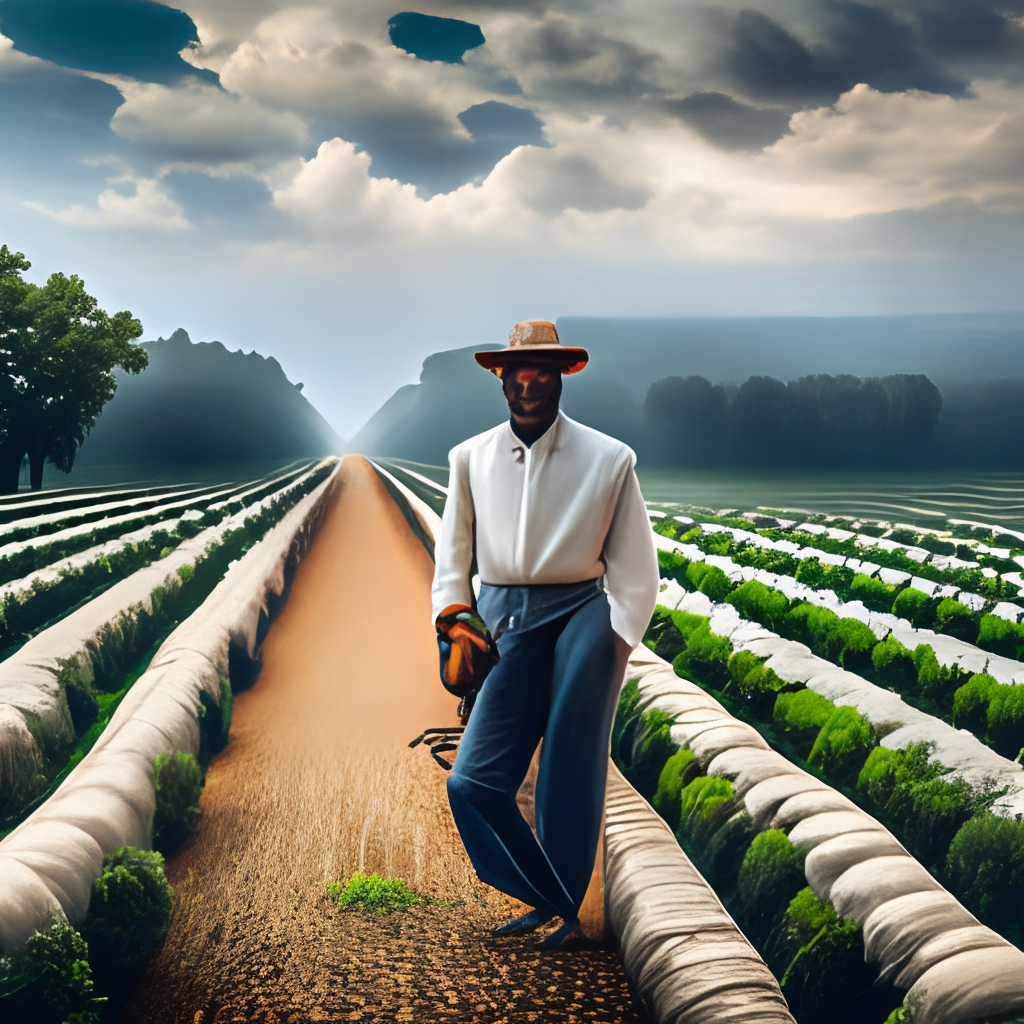 A slavemaster walking through a plantation filled with cottonfields