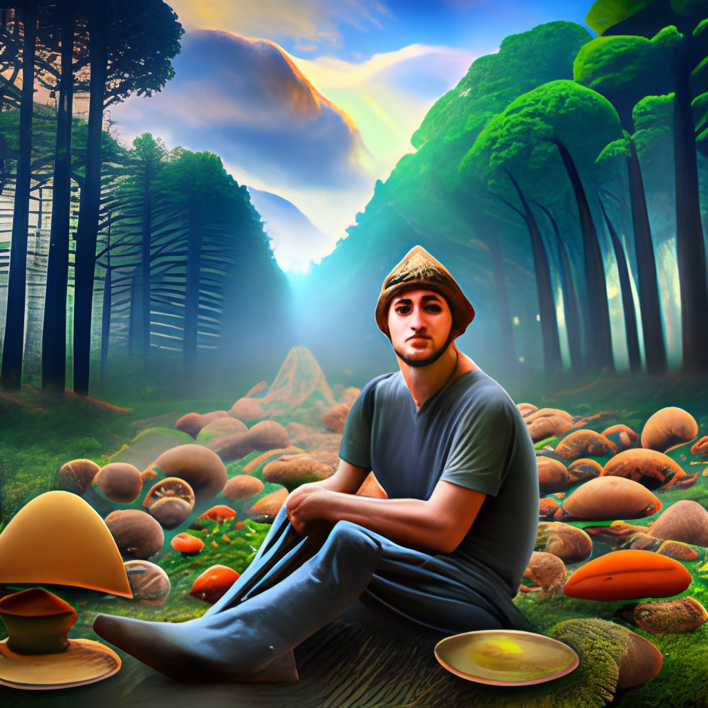 An image displaying an average looking male person sitting in a field eating mushrooms and lsd  with a mystical forest in the backround  