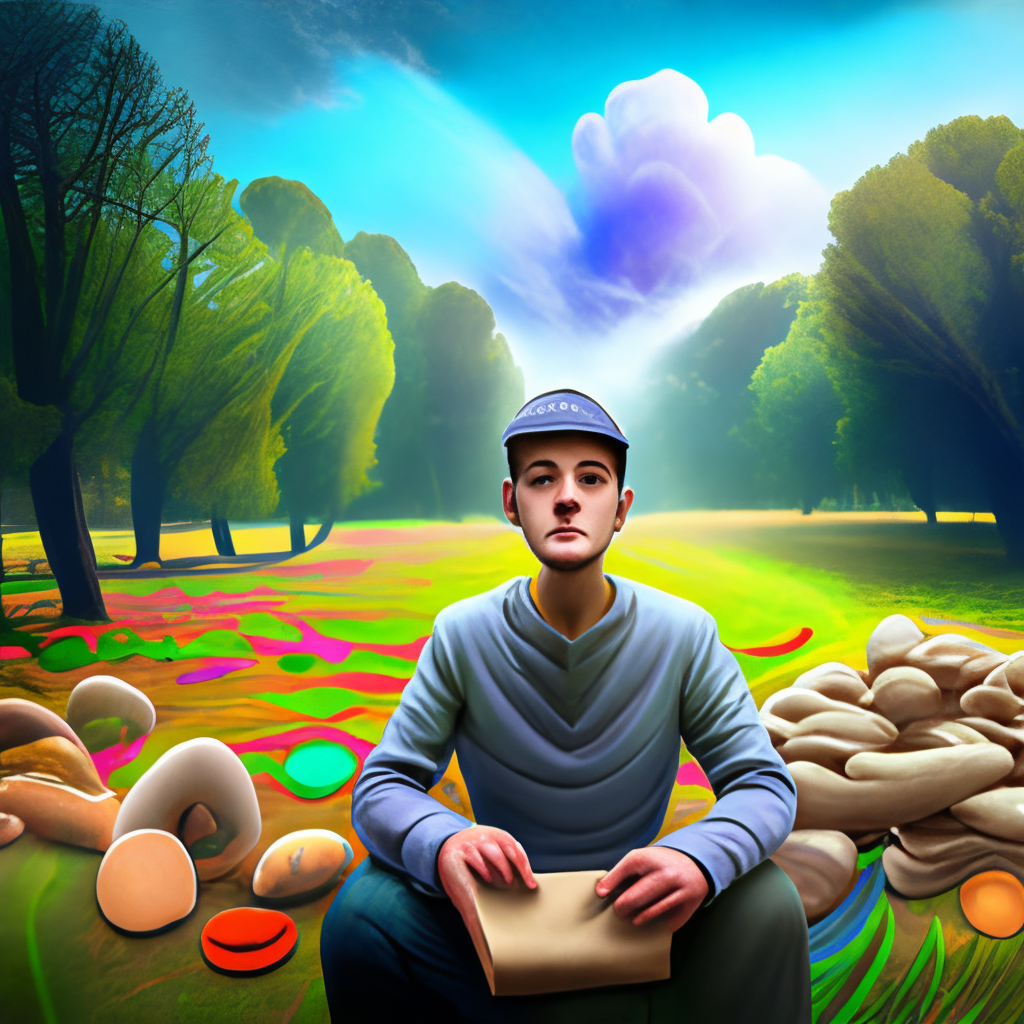 An image displaying an average looking male person sitting in a field staring into the sky with a bag of mushrooms in his left hand and lsd tab on his tongue. the backround  is  a mystical forest with elvs peeking at you secretly from the edge of the forest
