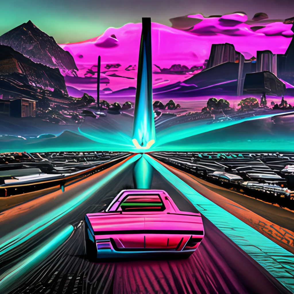 lamborghini driving down to a detailed digital city, retrowave, synthwave, 8k”, Negative prompt 4: “blurry, ugly, deformed, out of focus, low resolution, mountains”