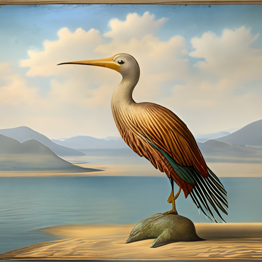 a golden bird standing alone near the sea