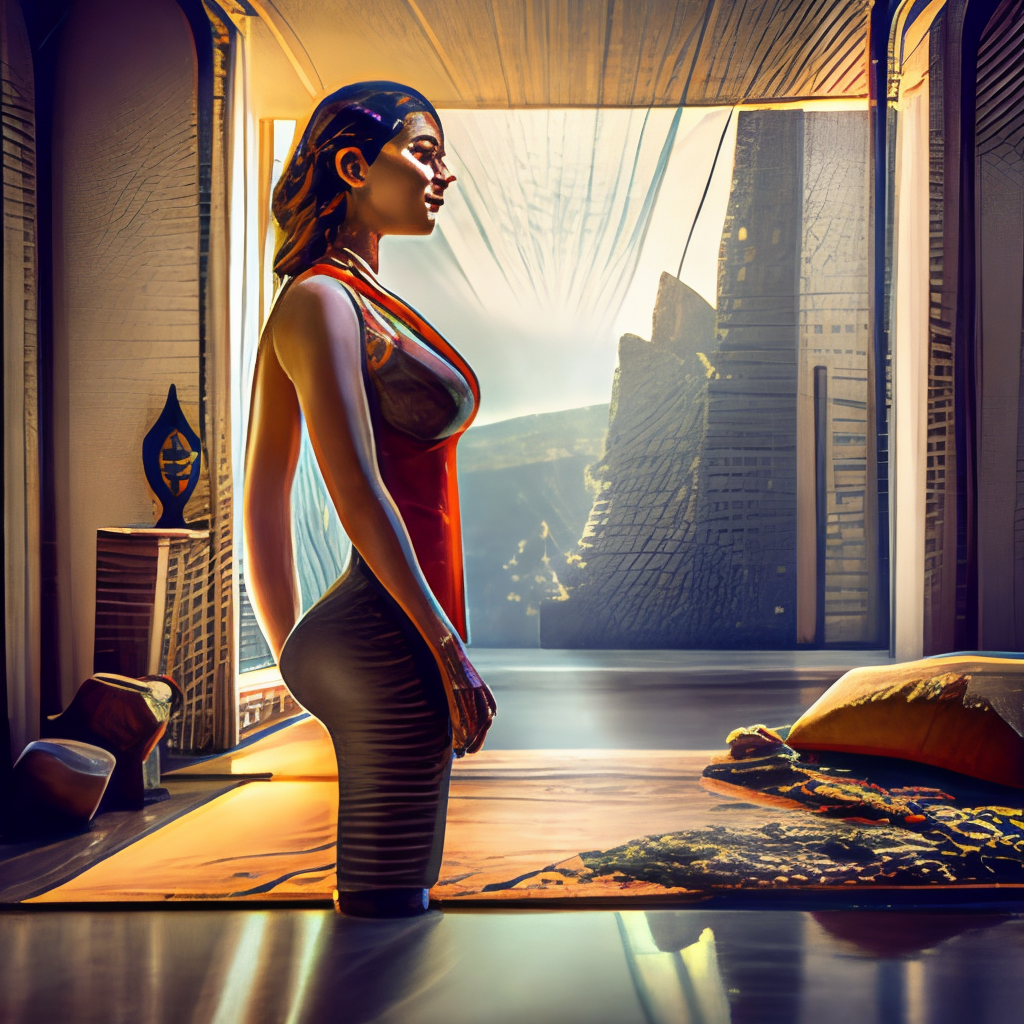 Create an image of a woman standing in front of a mirror, admiring her curves. Use warm colors to capture the sensual and passionate mood of the poem, and include soft lighting to highlight the curves of her body.