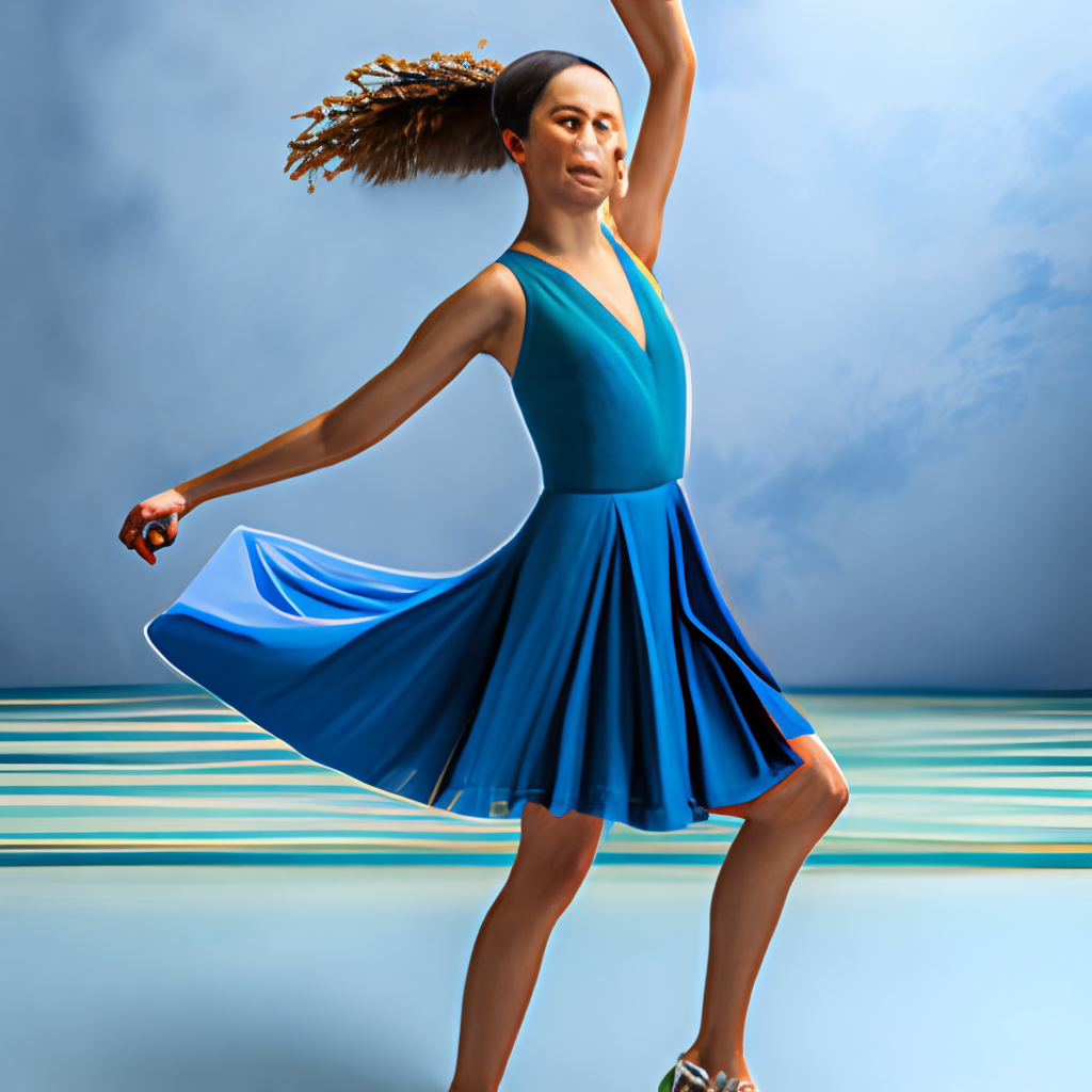 Uma bailarina dança com vestido azul