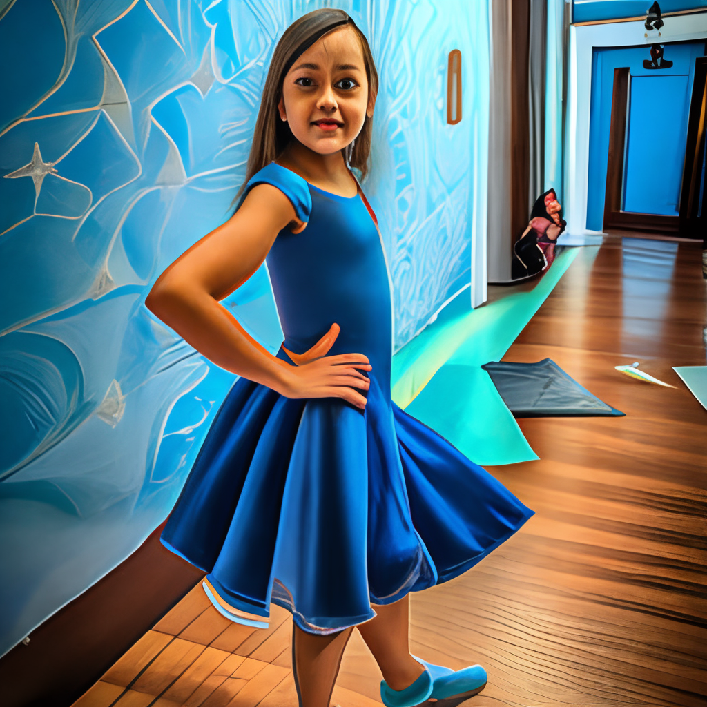 Uma bailarina dança com vestido azul