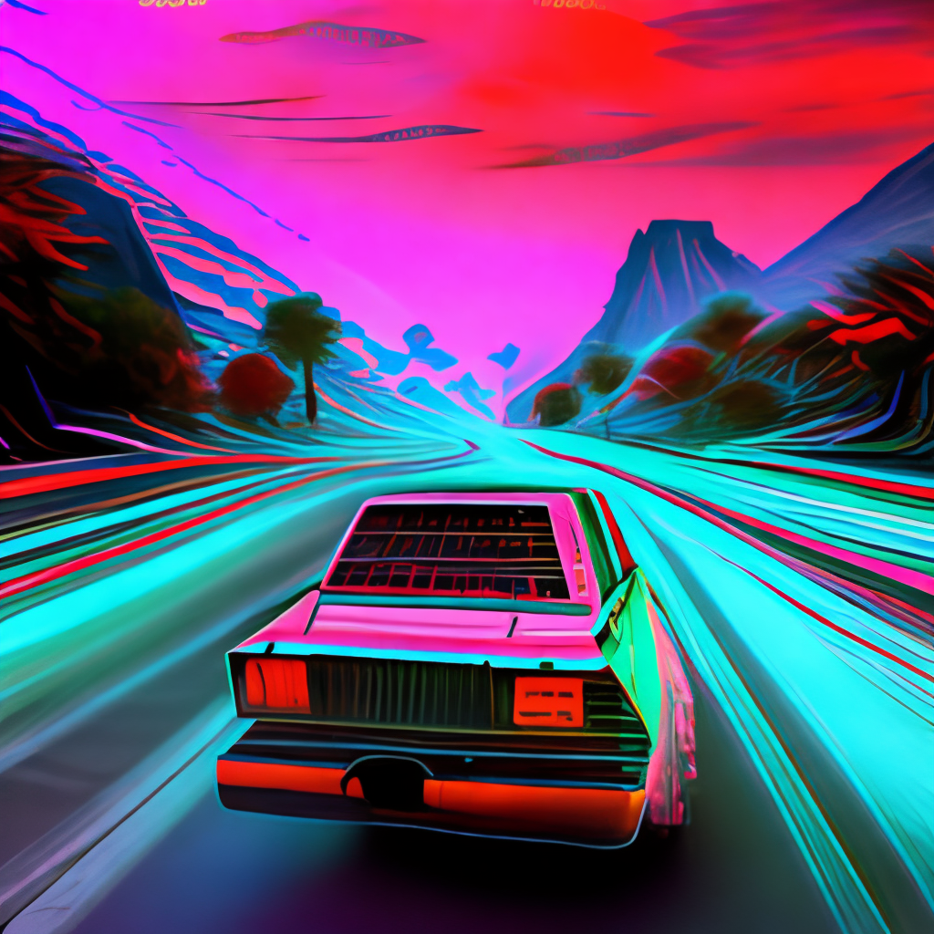 Prompt 1: “70s car driving down a digital landscape, retrowave, synthwave, 8k”, Negative prompt 1: “blurry, ugly, deformed, out of focus, low resolution”
Prompt 2: “70s car driving down a digital landscape, retrowave, synthwave, 8k”, Negative prompt 2: “blurry, ugly, deformed, out of focus, low resolution”
Prompt 3: “lamborghini driving down to a detailed digital city, retrowave, synthwave, 8k”, Negative prompt 3: “blurry, ugly, deformed, out of focus, low resolution, mountains”
Prompt 4: “lamborghini driving down to a detailed digital city, retrowave, synthwave, 8k”, Negative prompt 4: “blurry, ugly, deformed, out of focus, low resolution, mountains”
Prompt 5: “70s car driving down to a detailed digital forest, retrowave, synthwave, 8k”, Negative prompt 5: “blurry, ugly, deformed, out of focus, low resolution, mountains, city”
Prompt 6: “70s car driving down to a detailed digital forest, retrowave, synthwave, 8k”, Negative prompt 6: “blurry, ugly, deformed, out of focus, low resolution, mountains, city”
Prompt 7: “70s car driving down to a detailed digital forest, retrowave, synthwave, 8k”, Negative prompt 7: “blurry, ugly, deformed, out of focus, low resolution, mountains, city”