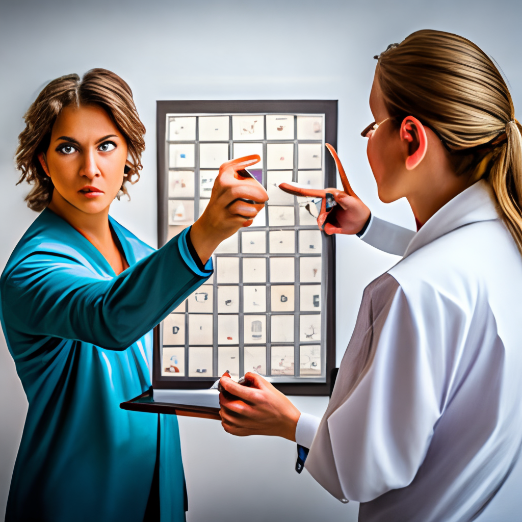Angry female occulist shouting to her patient during examination while she is pointing to the vision chart 