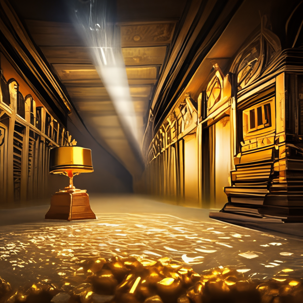 Gold Treasure Room Full of Dollars and Gold - Cinematic Lighting - Award-Winning Photography - Masterpiece. add a shining light in the distance and a rain of dollars