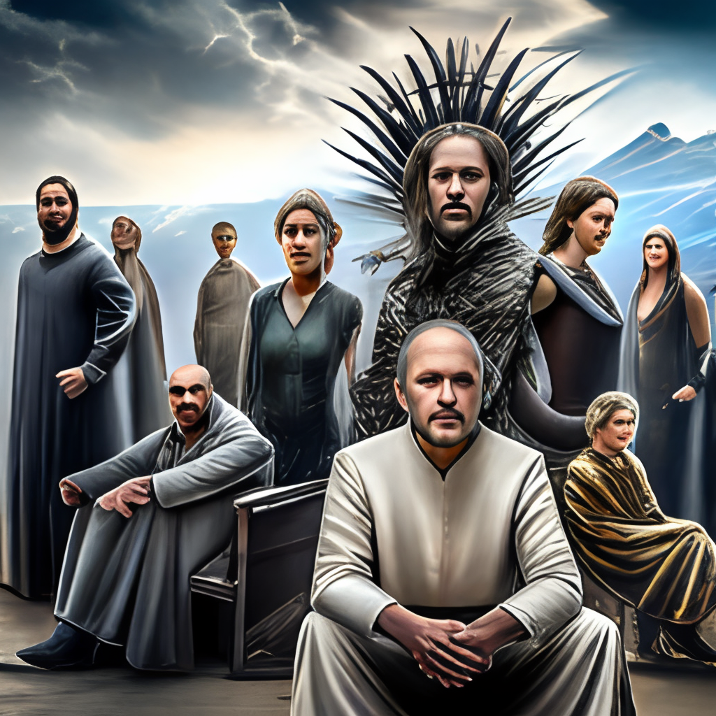 La imagen muestra la transición de los personajes principales de la serie Game of throne,realista,hiper detallado al estilo HBO,full HD,16k,pixelado a la perfeccion 