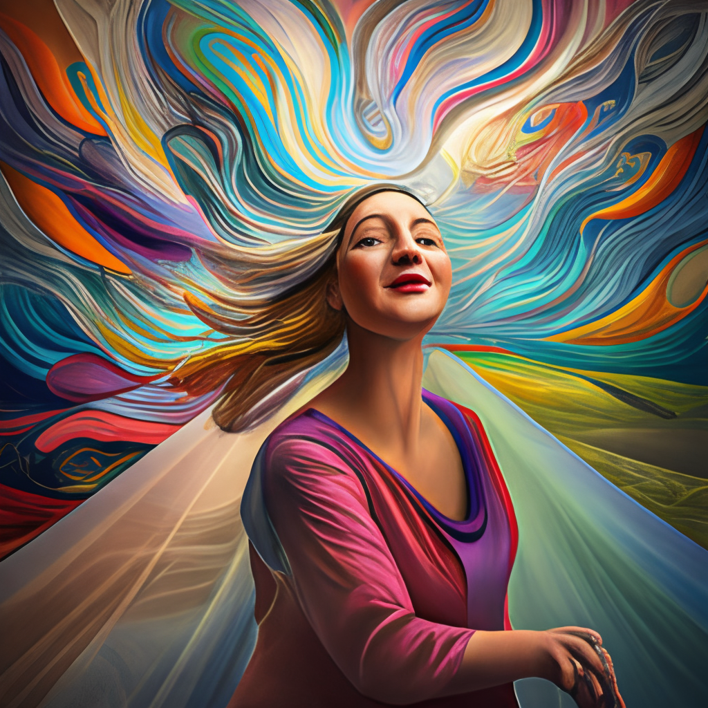 an abstract painting of a woman radiating happiness and joy, flowing colorful patterns