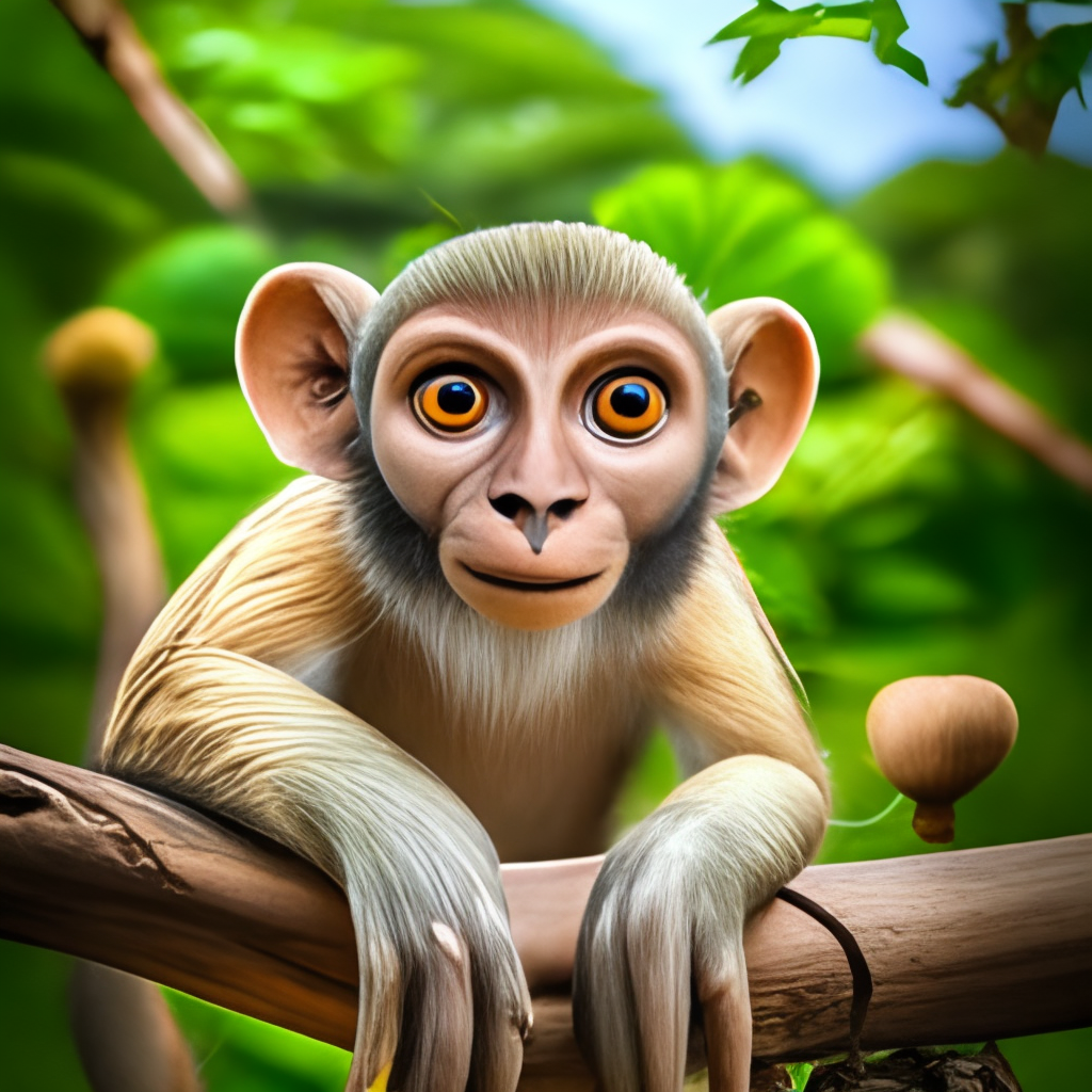 a cute and curious monkey with big brown eyes, sitting on a tree branch with lush green leaves in the background