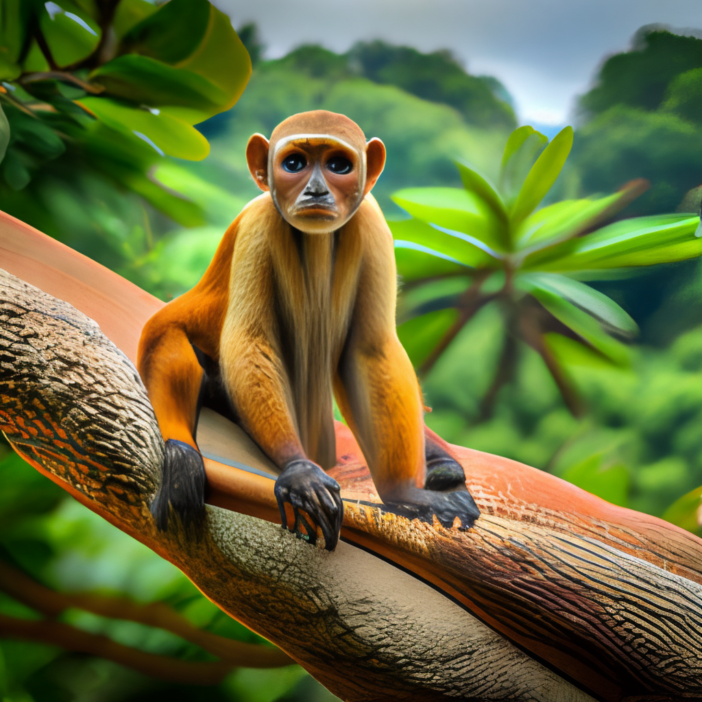 a brown monkey with a long tail, sitting on a tree branch with green leaves in the background. The monkey has a curious expression on its face and is looking directly at the camera