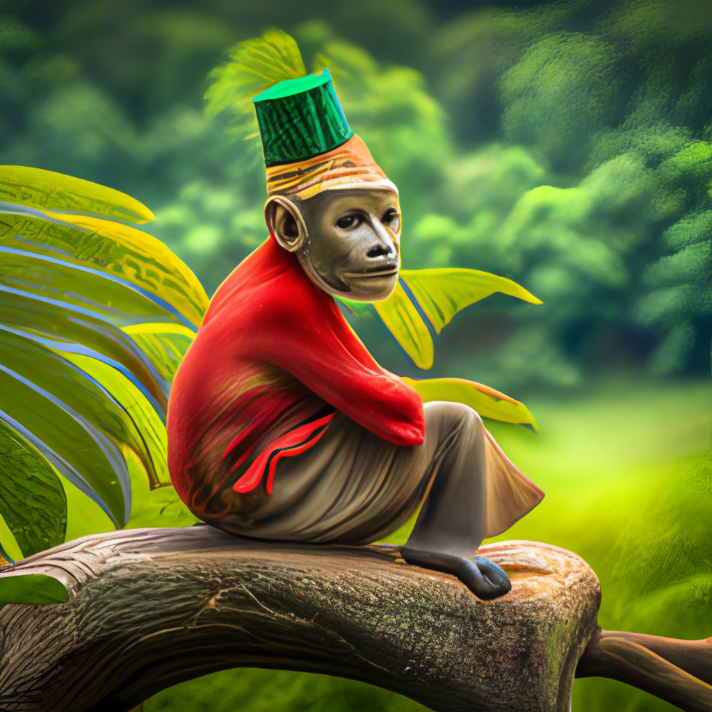 a monkey with a fez hat, sitting on a tree branch with lush green leaves in the background