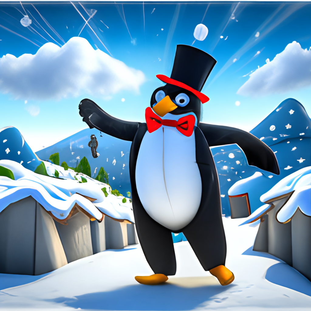 a cute and happy penguin dancing on a snowy landscape with a blue sky in the background. The penguin is wearing a black top hat and a red bow tie