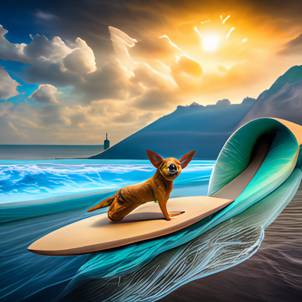 a chihuahua surfing on a paper wave in the ocean, with a paper sun in the background