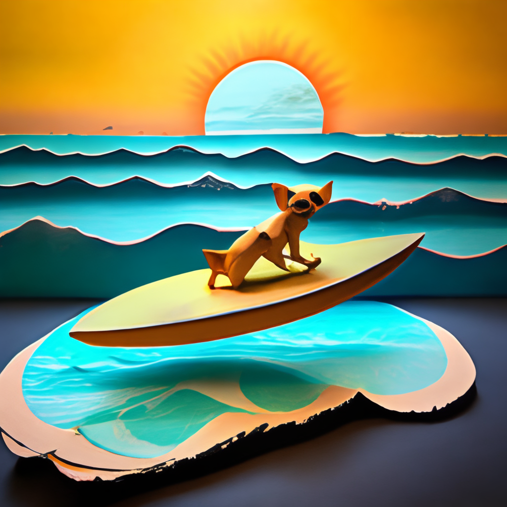 a layered paper scene of a chihuahua surfing on a wave in the ocean, with a paper sun in the background