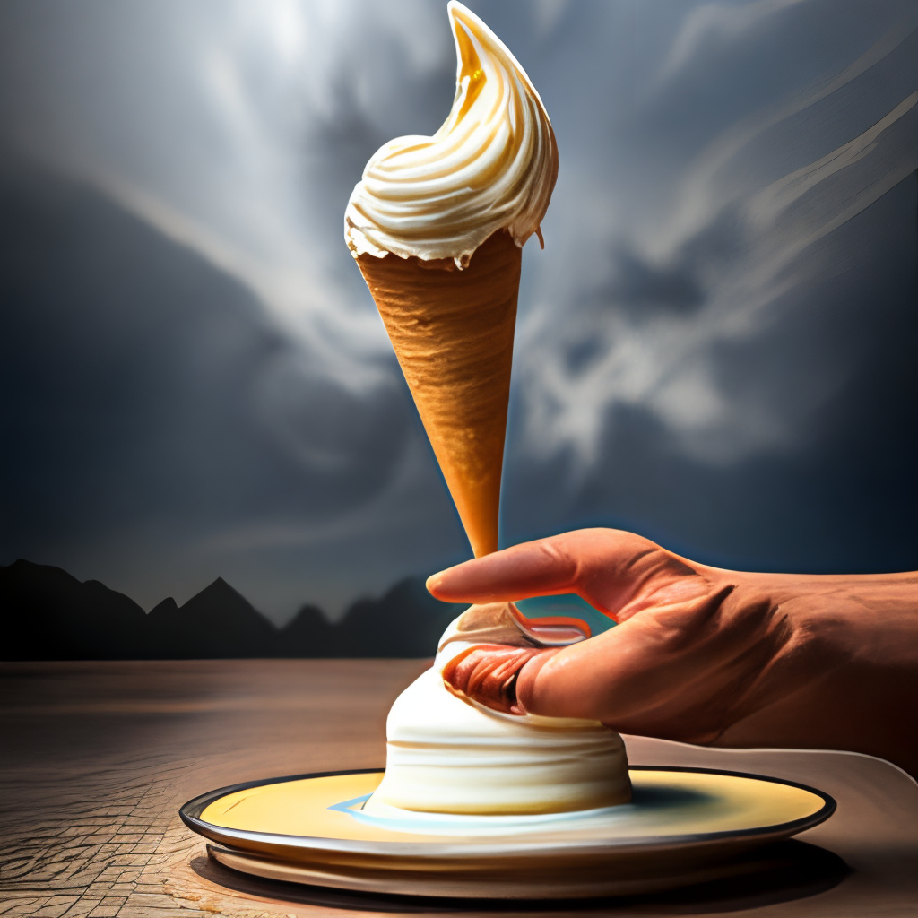 An ice cream melting over a cone onto a hand