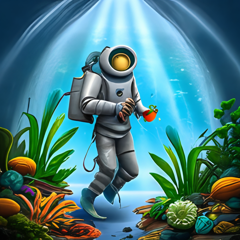 astronaut under the sea with plants