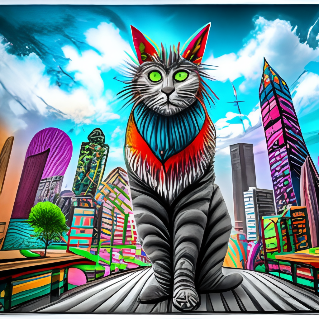 giant cat in a psychedelic city