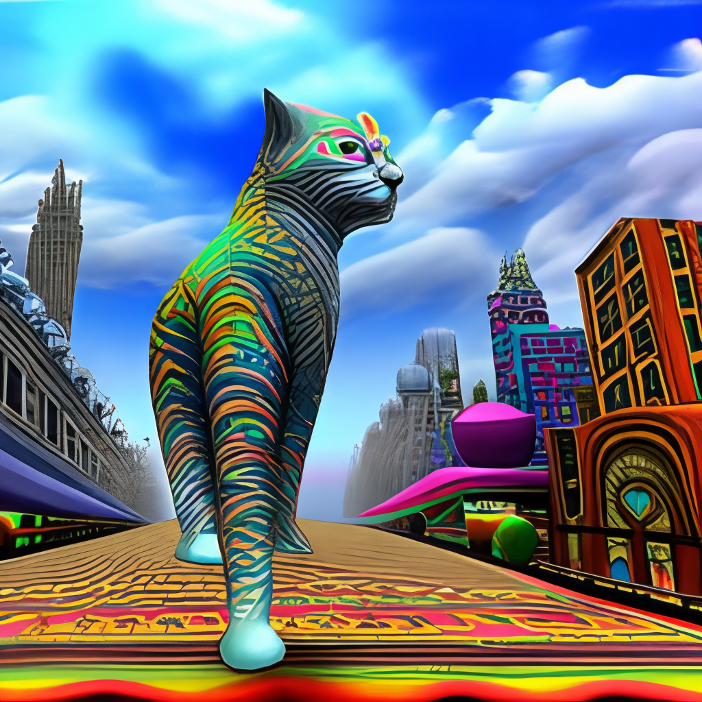 giant cat in a psychedelic city