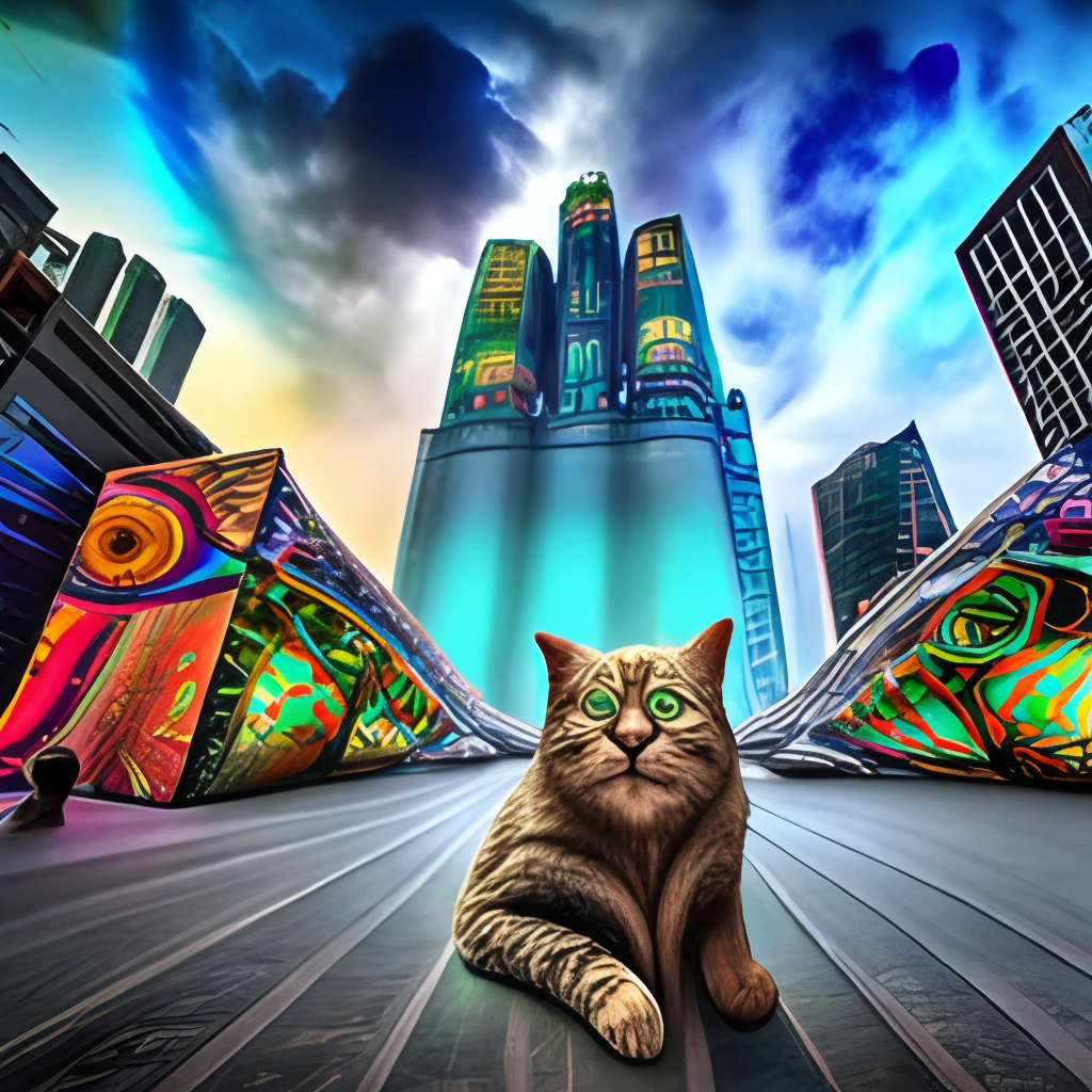 giant cat in a psychedelic city
