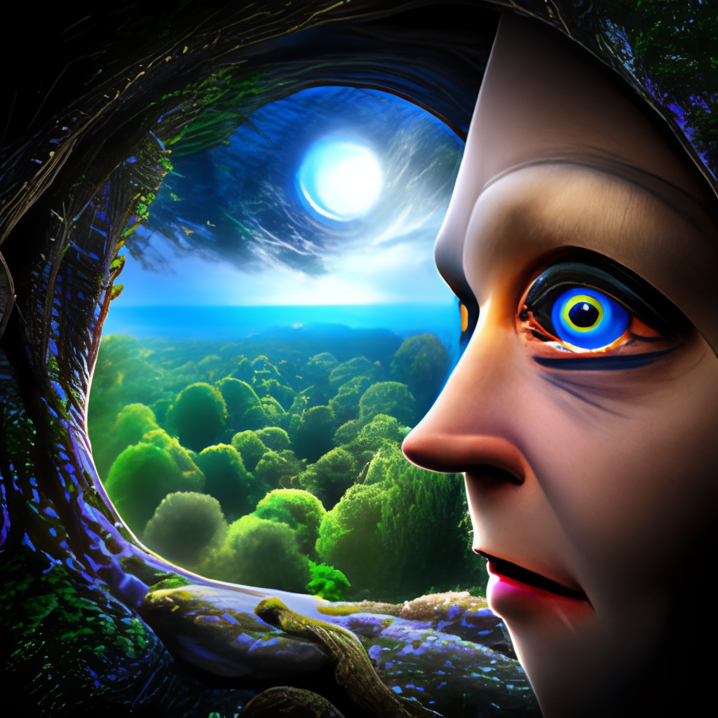 a blue eye in the center of an enchanted forest