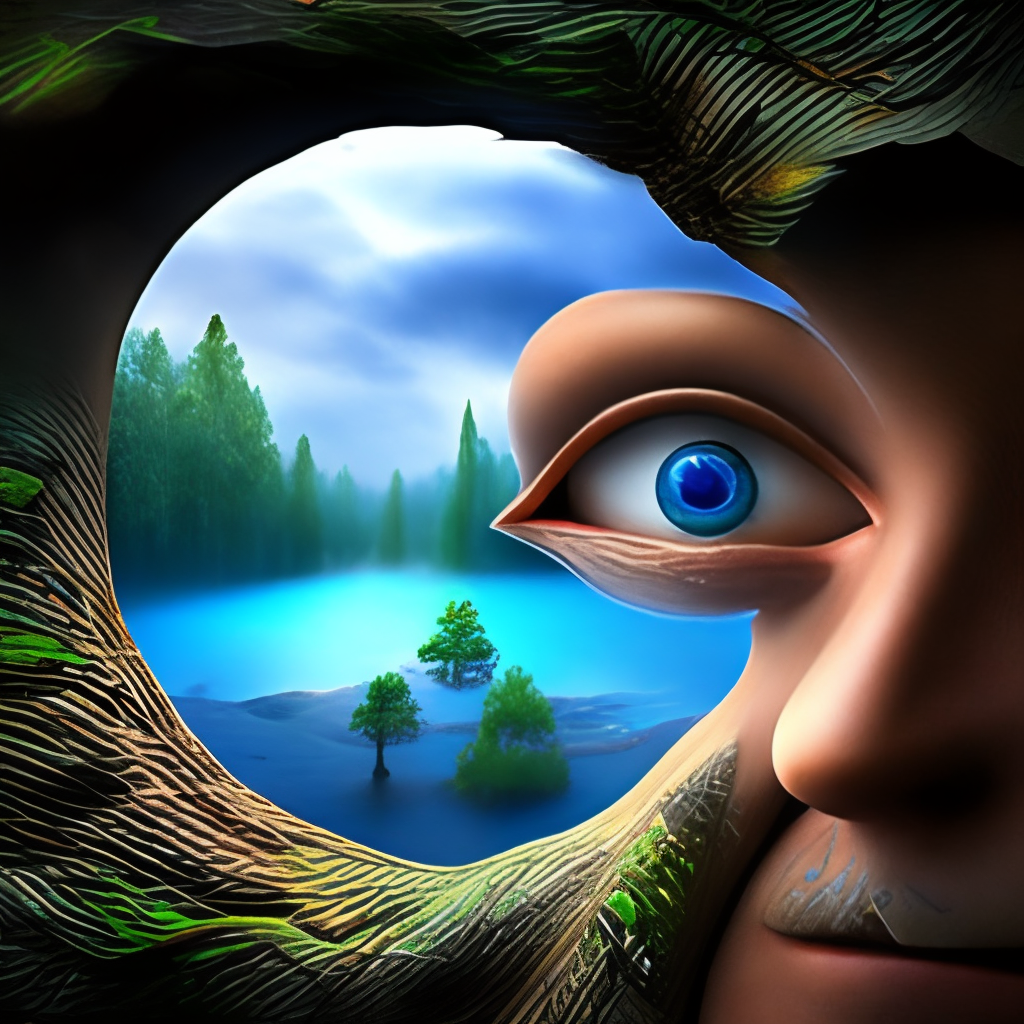 a blue eye in the center of an enchanted forest