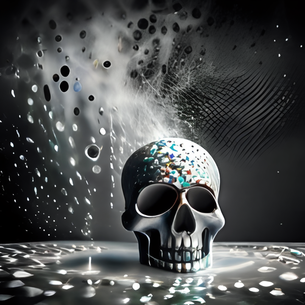 a black and white photo of a skull with sprinkles. water, liquid, petal, flash photography, art, . the splashes scatter and shimmer”