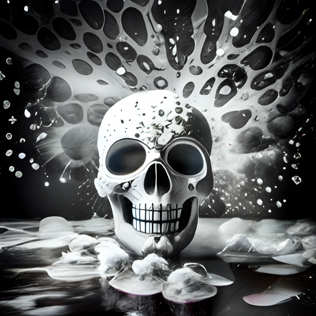 a black and white photo of a skull with sprinkles. water, liquid, petal, flash photography, art, . the splashes scatter and shimmer”