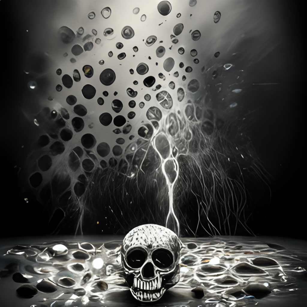 a black and white photo of a skull with sprinkles. water, liquid, petal, flash photography, art, . the splashes scatter and shimmer”