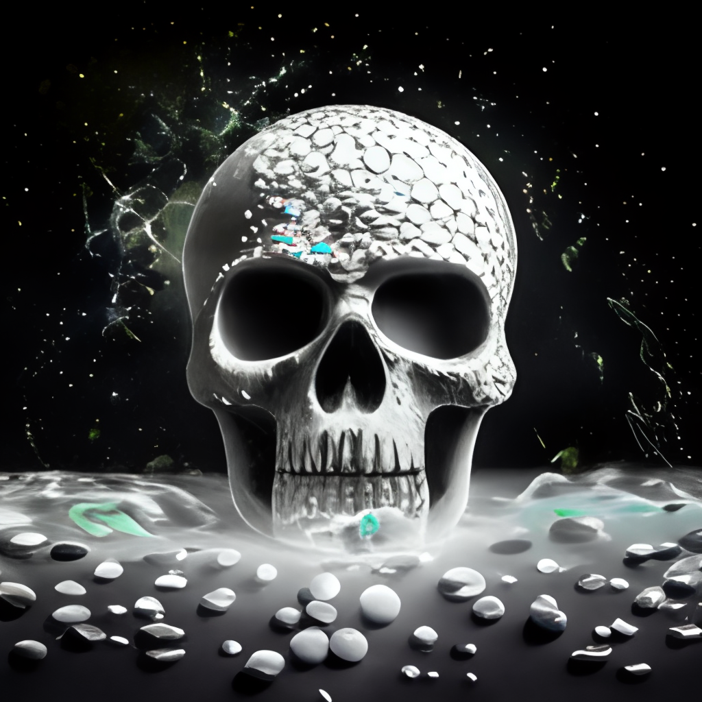a black and white photo of a skull with sprinkles. water, liquid, petal, flash photography, art, . the splashes scatter and shimmer”