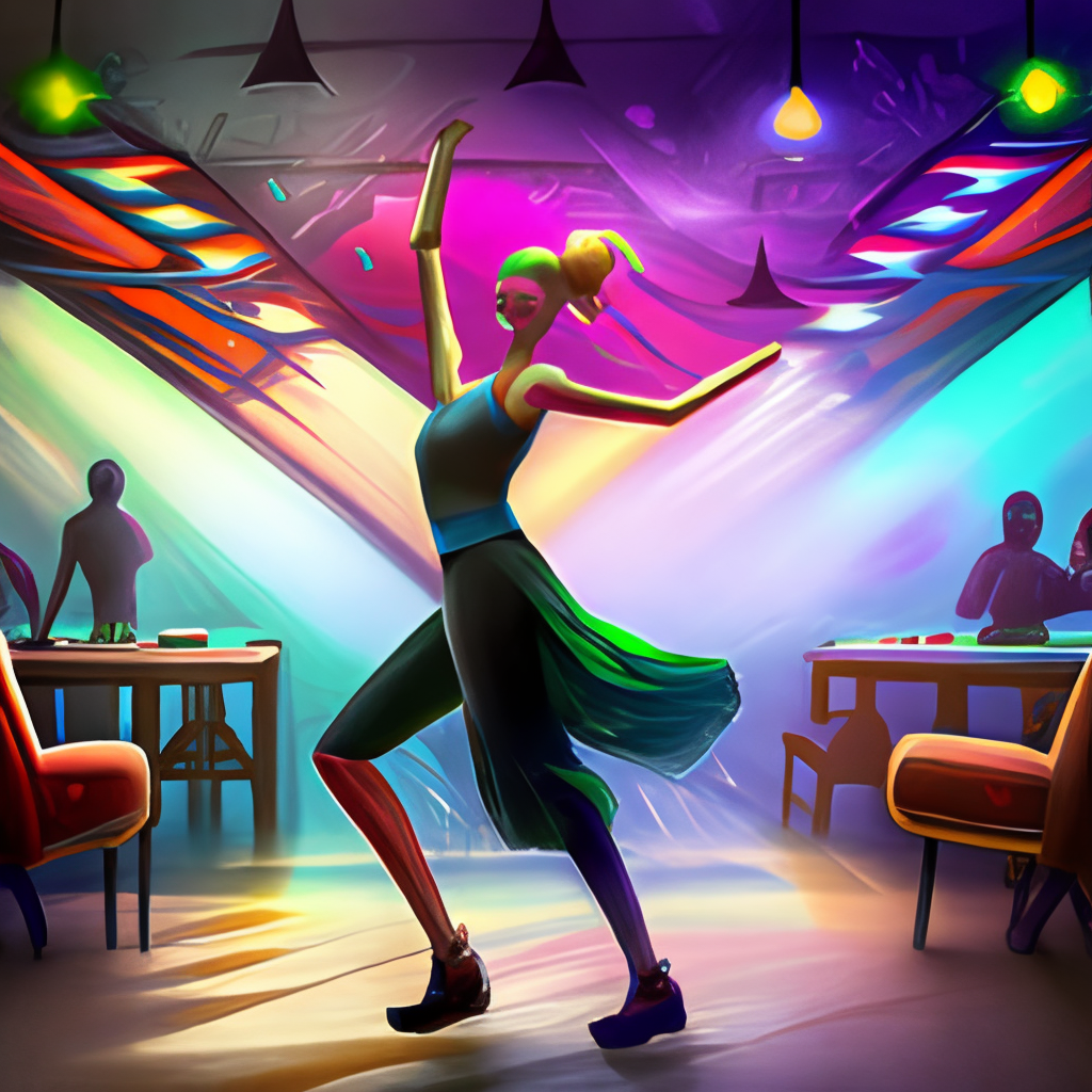 REALISTIC DRAWING OF A GIRL AT A RAVE PARTY DANCING AND HAVING FUN ALONE