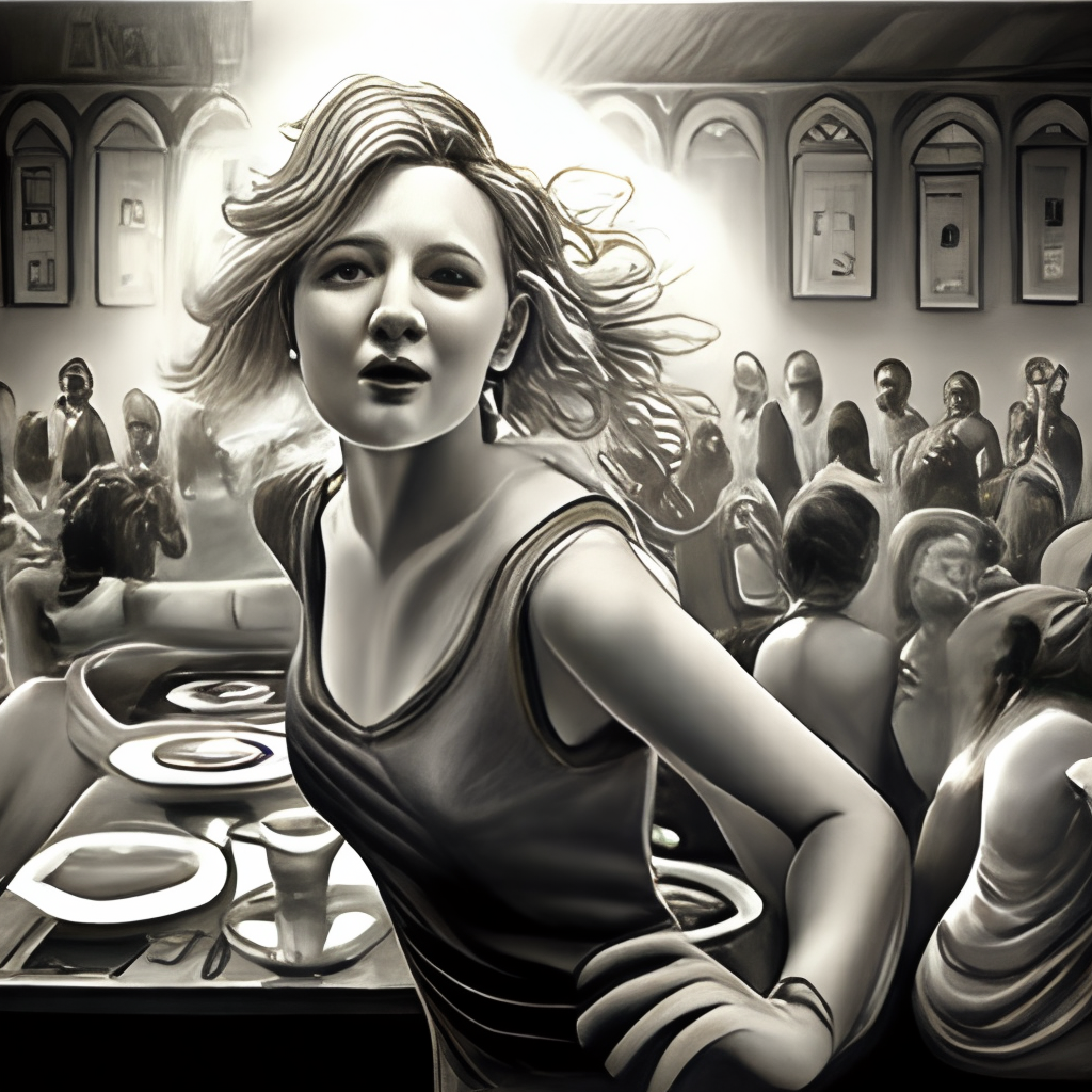 REALISTIC DRAWING, BLACK AND WHITE, GIRL AT A PARTY, DANCING