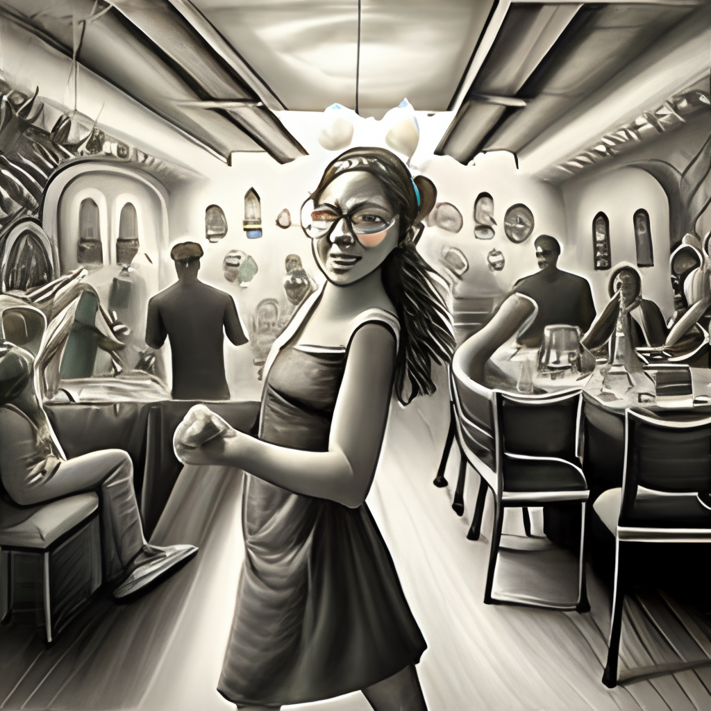 REALISTIC DRAWING, BLACK AND WHITE, GIRL AT A PARTY, DANCING