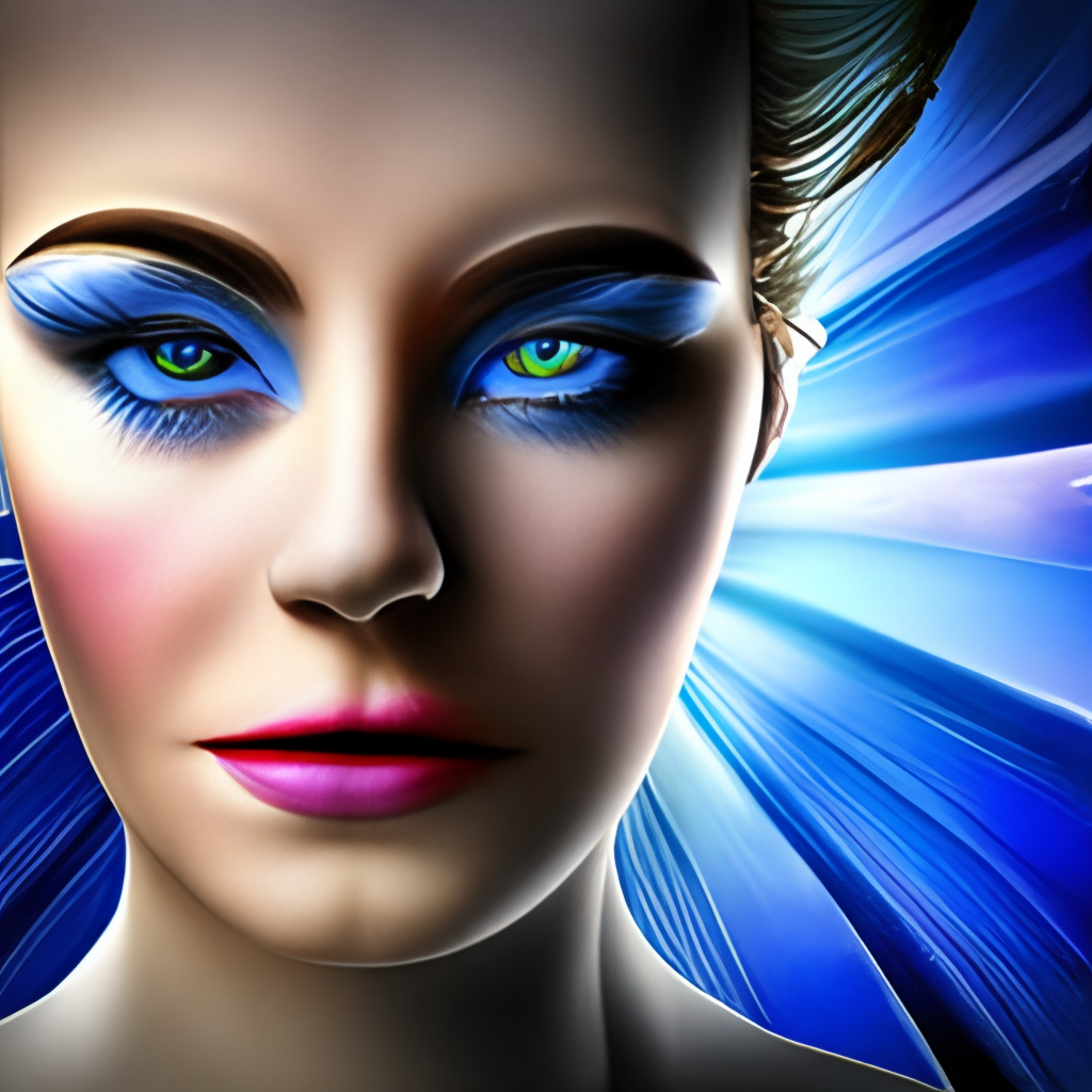 a dreaming woman's face with a blue eye. azure, organism, iris, eyelash, art, electric blue, symmetry, pattern, circle, visual arts, dreaming