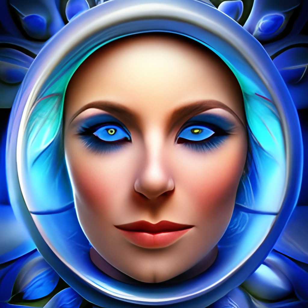 a dreaming woman's face with a blue eye. azure, organism, iris, eyelash, art, electric blue, symmetry, pattern, circle, visual arts, dreaming