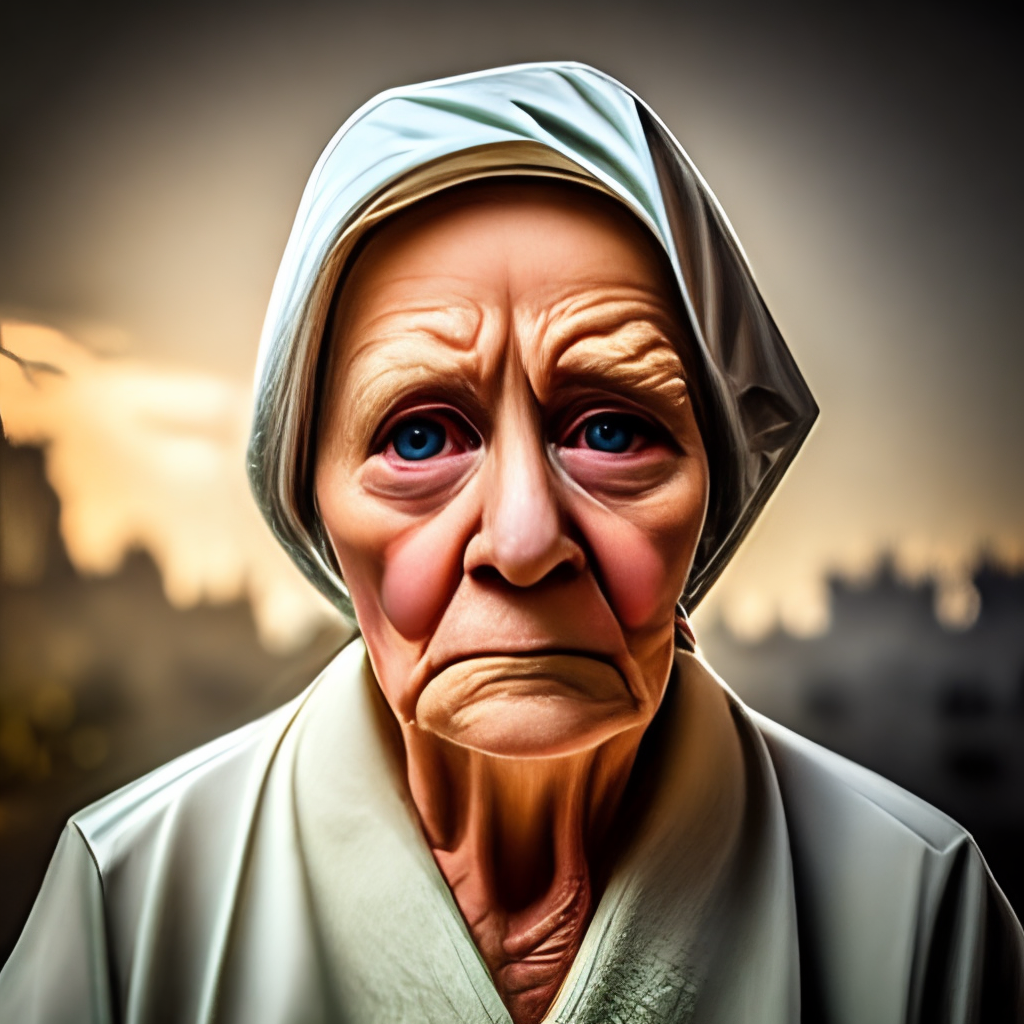 Reverse the mask and make it an old woman looking at the camera, with a sad face