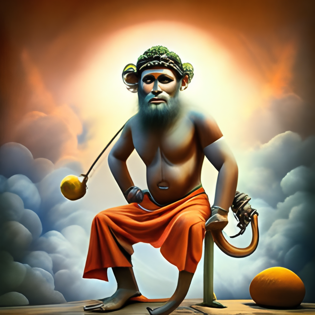 Replace monkey with a muscular man with a big head and Vishnu like features