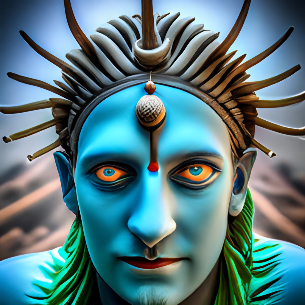 Highlight the god shiva in blue and the beautiful eyes! in green