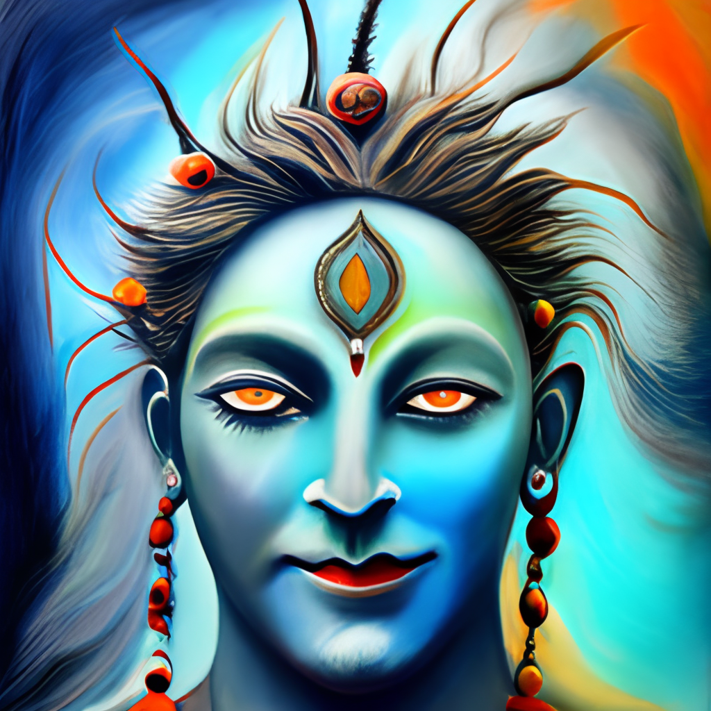 Highlight the god shiva in blue and the beautiful eyes! in green