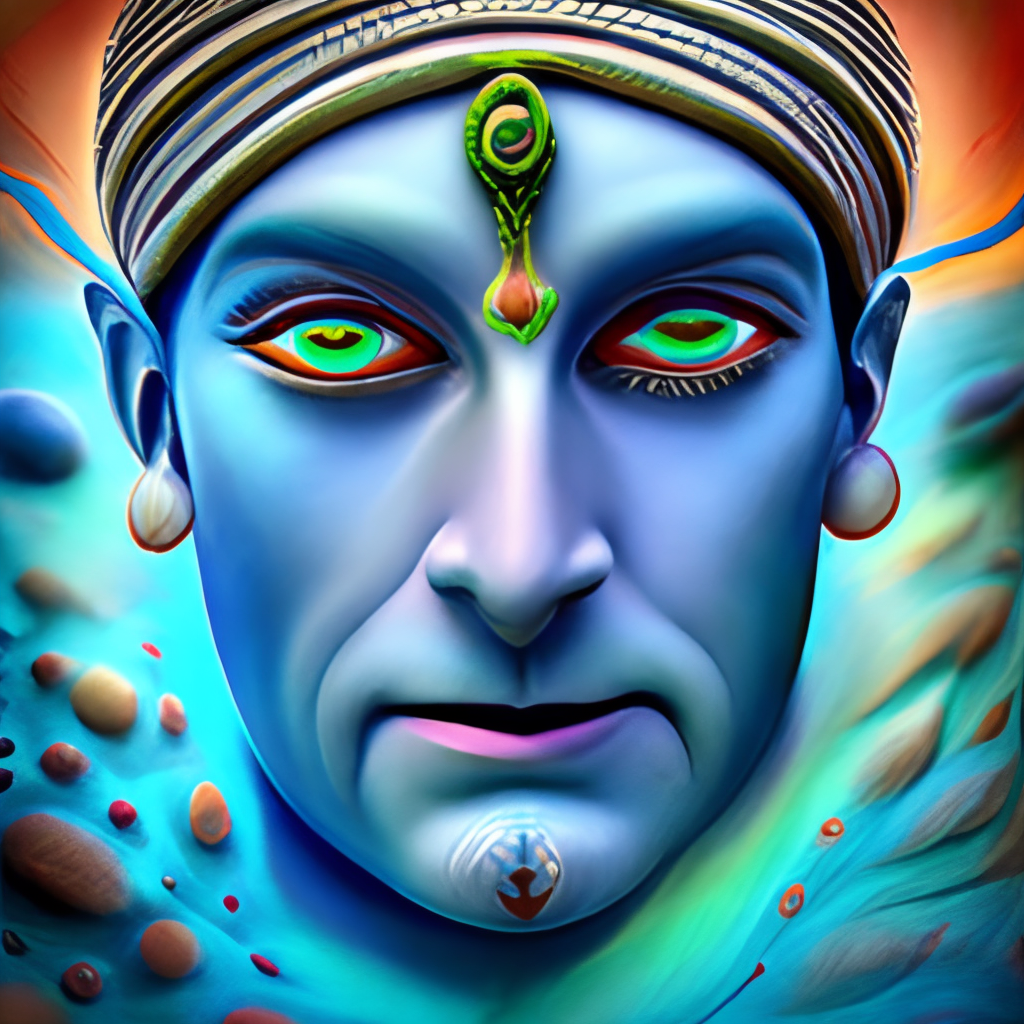 Highlight the god shiva in blue and the beautiful eyes! in green