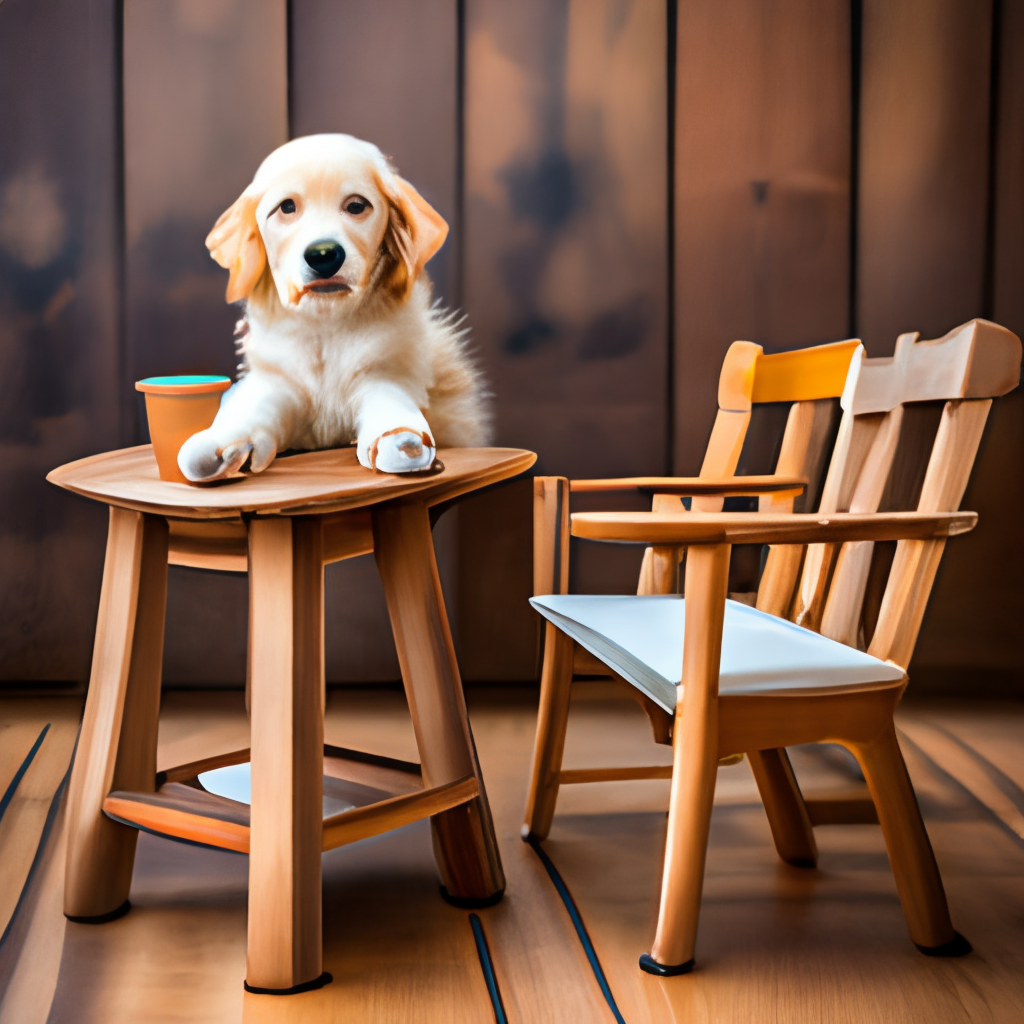 a cute golden retriever puppy sitting on a wooden chair, holding a latte cup with its paws, and looking up with big, curious eyes